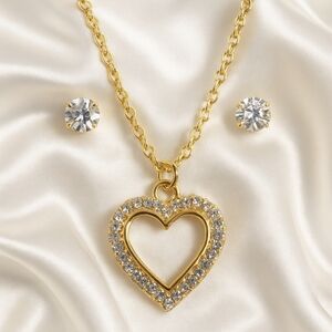Sparkling Heart Pendant Necklace & Rhinestone Stud Earrings - Gold Women Jewelry